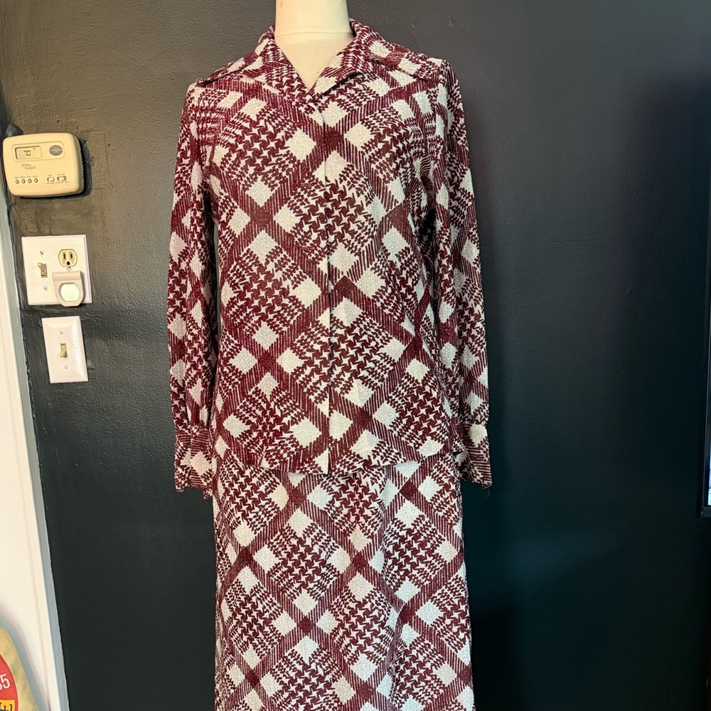 Vintage Burgundy and White Metallic Plaid Two-Piece Skirt Set